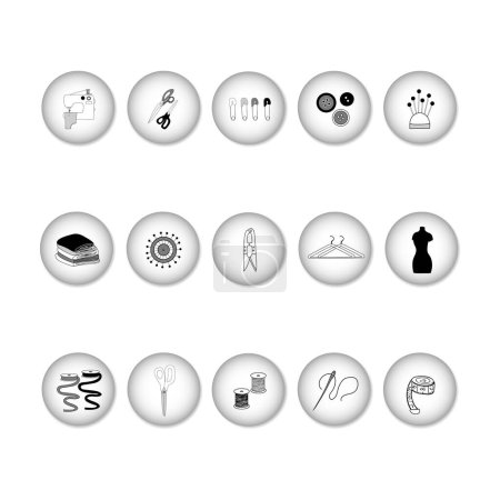Ilustración de Un gran conjunto de iconos lineales para coser ropa y accesorios sobre fondos redondos con efecto 3D. Iconos vectoriales aislados en blanco - Imagen libre de derechos