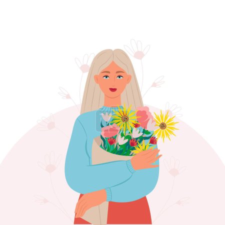 Illustration for A young blonde woman with a bouquet of flowers in her hands. Vector illustration in flat style. - Royalty Free Image