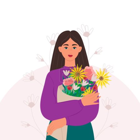 Téléchargez les illustrations : Une jeune femme avec un bouquet de fleurs à la main. Illustration vectorielle en style plat. - en licence libre de droit