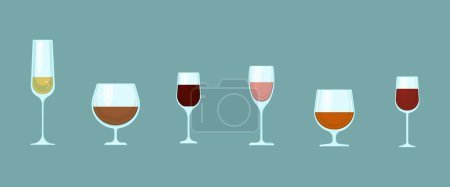 Téléchargez les illustrations : Ensemble de verres avec différents alcools, verres en verre vectoriel de différentes formes dans un style plat. - en licence libre de droit