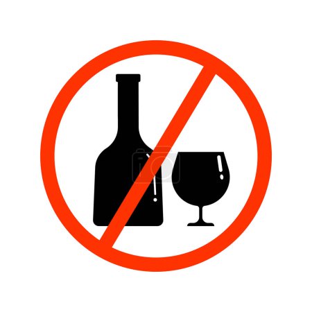 A set of black silhouettes of a bottle and a glass in a red crossed out circle. Vector clip art isolate on white. Alcohol ban illustration.