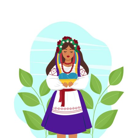 Illustration for A Ukrainian woman in national clothes holds a yellow-blue heart in her hands. Vector illustration in flat style. Cute female character. - Royalty Free Image