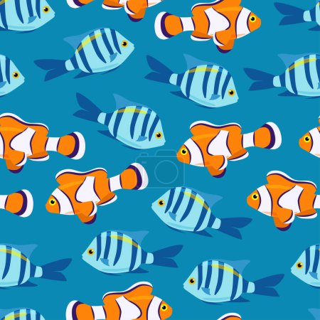 Téléchargez les illustrations : Exotic bright fish seamless pattern. Vector clown fish in flat style. Marine life. Anemone fish. - en licence libre de droit