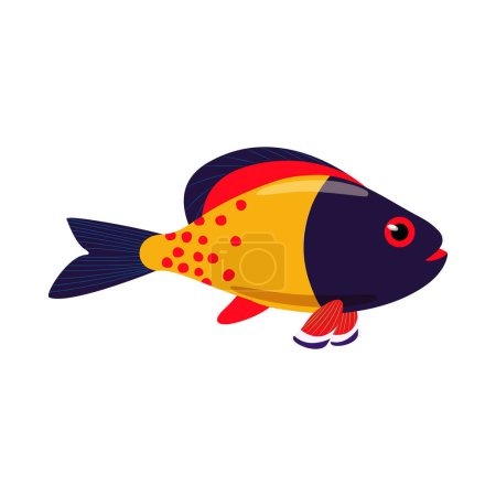 Ilustración de Decorative yellow sea fish with blue fins. Vector fish isolate in flat style, Sea exotic animals. - Imagen libre de derechos