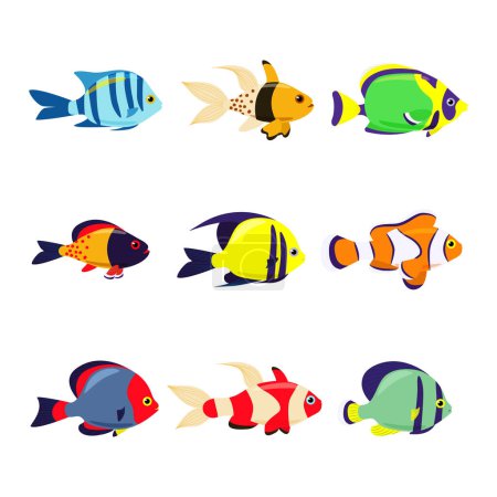 Ilustración de Set of marine exotic fishes on a white background. Collection Aquarium vector fish isolates. Sea fish. Vector illustration. - Imagen libre de derechos