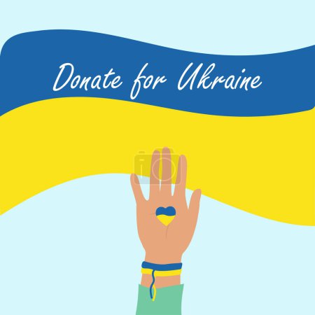 Ilustración de Donar para Ucrania, Palm levantó. Una pulsera simbólica en la muñeca. Un llamamiento para ayudar a Ucrania. - Imagen libre de derechos