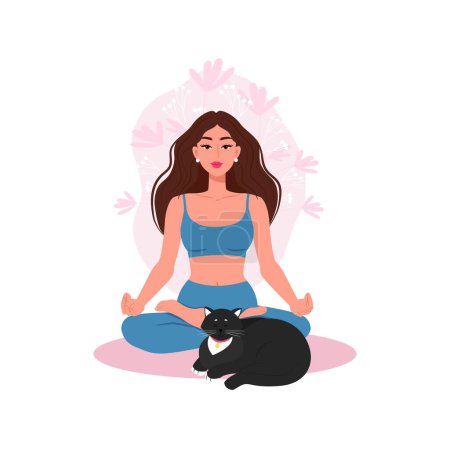 A young woman in the lotus position meditating with a cat, vector illustration. Yoga meditation, mental health.