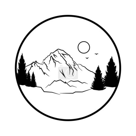 Pine trees on the background of mountains, Natural mountain landscape in a round frame graphic image. Vector illustration.