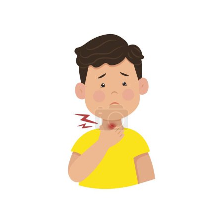Illustration for Child has a sore throat, The sad boy holds his neck. Sore throat, inflammation. Vector illustration. Kid infections. - Royalty Free Image