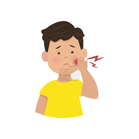 Illustration for Toothache in children. Upset boy holding his cheek. Inflammation of the facial nerve. Vector illustration. Kid diseases. - Royalty Free Image