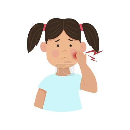 Illustration for Toothache in children. Upset girl holding his cheek. Inflammation of the facial nerve. Vector illustration. Kid diseases. - Royalty Free Image