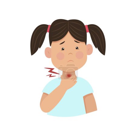 Illustration for Child has a sore throat, Sad girl holds his neck. Sore throat, inflammation. Vector illustration. Kid infections. - Royalty Free Image