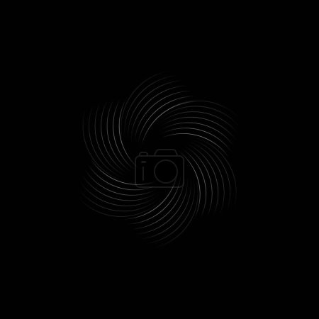 Illustration for Lines spiral to the center, Vector logo element, Camera shutter design, Futuristic geometric shape on black. - Royalty Free Image