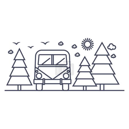 Voyage en voiture à travers la forêt d'arbres de Noël. Illustration isolée sur blanc. Loisirs dans la nature, tourisme.