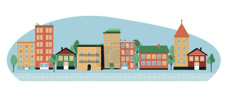 Illustration for Buildings of various shapes along the street are high-rises and private houses. Urban space panorama. Vector flat illustration. - Royalty Free Image