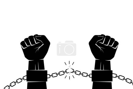 Illustration for Hand in shackles broken chain. The concept of freedom and human rights. Vector graphic illustration black silhouette. - Royalty Free Image