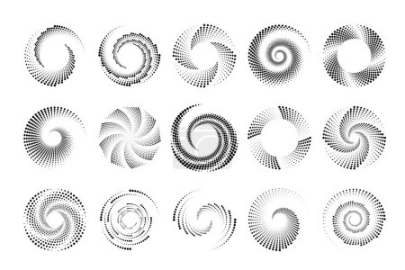 Ilustración de Remolino punteado iconos de medio tono. Conjunto de logos futuristas digitales Vortex. Vector formas geométricas. - Imagen libre de derechos