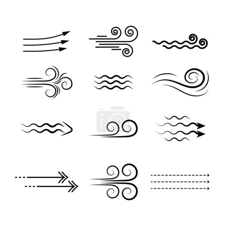 Ensemble d'icônes linéaires soufflant le vent, les icônes de silhouette noire sentent l'air tourbillonnant ou le brouillard. Les éléments vectoriels isolent.