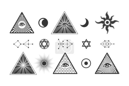 Illuminati ensemble de symboles occultes, franc-maçons tout voir pyramide des yeux, éléments vectoriels isoler sur blanc.