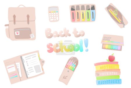Ilustración de Volver a la escuela stickerpack, conjunto de ilustración escolar, juego de papelería, pegatinas escolares - Imagen libre de derechos
