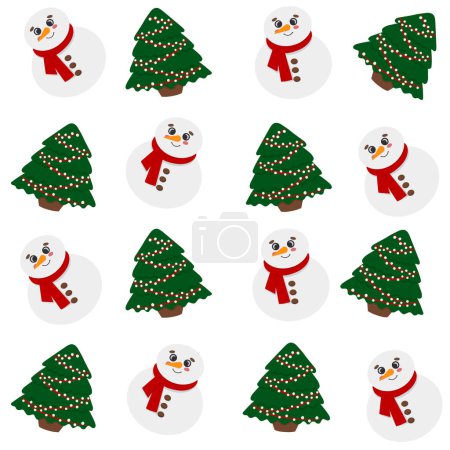 Illustration for Snowman and Christmas tree vector seamless pattern, textile, fabric, wrapping paper, print - Royalty Free Image