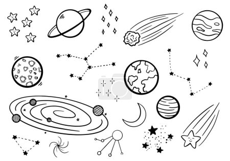 Space Doodle Vektor Set, Doodling, Planeten, kosmisches Stickerpack, Erde, Mars, Mond, Sterne