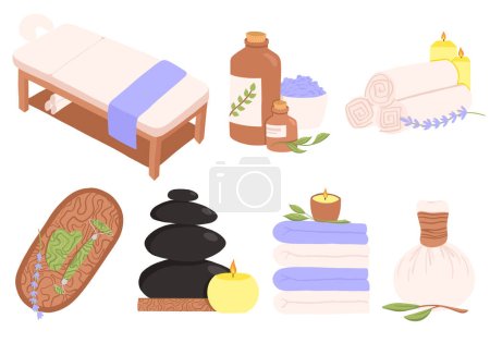Illustration for Massage and spa set of vector illustration including massage table, massage oil, stone massage, thai massage with herbal pouches, candles and lavander elements and objects - Royalty Free Image