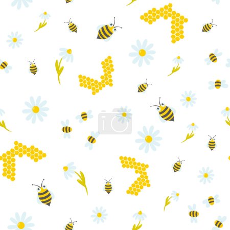 Illustration for Honey sots, bees and flowes vector seamless pattern, background, wallpaper, print - Royalty Free Image
