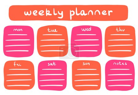 Weekly planner in pink and orange colours with notes block. Planning, time management, schedule planning. Vector illustration. Planner layout.