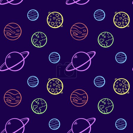 Illustration for Colorful planets on dark blue background vector seamless pattern. Wallpaper, print, fabric, textile, wrapping paper, packaging design - Royalty Free Image