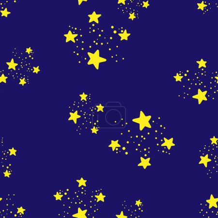 Gelbe Sterne auf dunkelblauem Hintergrundvektor mit nahtlosem Muster. Starre Himmelsmuster. Tapete, Druck, Stoff, Textil, Packpapier, Verpackungsdesign.