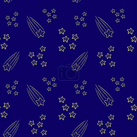 Téléchargez les illustrations : Étoiles jaunes et étoile tombante sur motif sans couture bleu foncé beckground vecteur. Un ciel étoilé. Papier peint, impression, tissu, textile, papier d'emballage, design d'emballage - en licence libre de droit