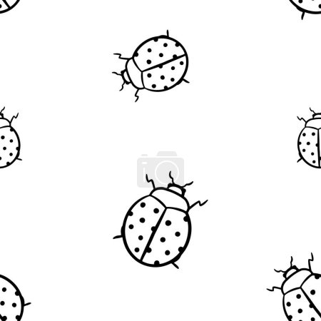 Illustration for Black outline ladybugs vector seamless pattern. Ladybug bug background, wallpaper, print, textile, fabric, wrapping paper, packaging design. Line art - Royalty Free Image