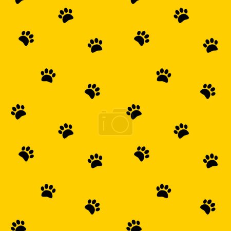 Empreintes noires pattes vectoriel motif sans couture sur fond jaune. Étape, pas, fond de piste, papier peint, impression, textile, tissu, papier d'emballage, conception d'emballage