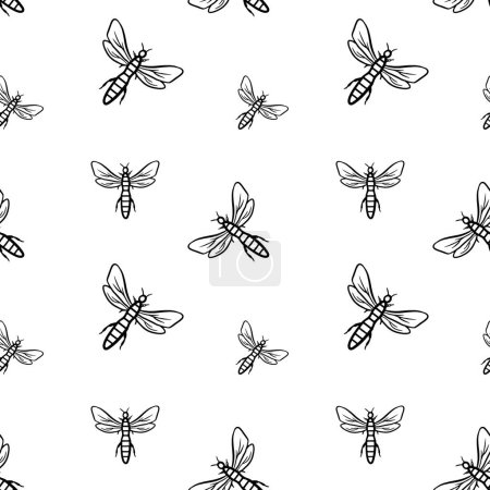 Illustration for Black outline dragonflies bugs vector seamless pattern. Dragonfly bug background, wallpaper, print, textile, fabric, wrapping paper, packaging design. Line art - Royalty Free Image