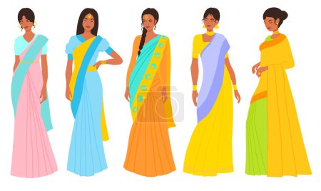 Téléchargez les illustrations : Des Indiennes portant une illustration vectorielle de saree. Vêtements traditionnels indiens sari - en licence libre de droit