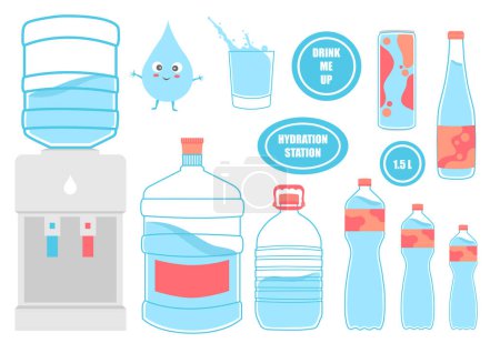 Téléchargez les illustrations : Ensemble eau h2o d'illustrations vectorielles autocollants hydratation - en licence libre de droit