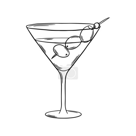 Martini Cocktail Schwarz-Weiß-Umrissvektorillustration. Bar Drink Line Kunst. Gravurstil. Linienzeichnung