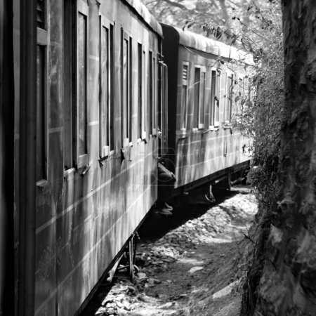Foto de Tren de juguete que se mueve en la pendiente de la montaña, hermosa vista, una montaña lateral, un valle lateral que se mueve en tren a la colina, entre el bosque natural verde. tren de juguete de Kalka a Shimla en la India-Negro y Blanco - Imagen libre de derechos