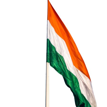 Téléchargez les photos : India flag flying high at Connaught Place with pride with plain white background, India flag fluttering, Indian Flag on Independence Day and Republic Day of India, tilt up shot, Har Ghar Tiranga - en image libre de droit