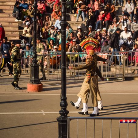 Photo for Wagah Border, Amritsar, Punjab, India, 02 February 2023 - Flag ceremony by Border Security Force BSF guards at India-Pakistan border near Attari Amritsar, Punjab, India held every day evening time - Royalty Free Image