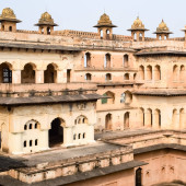 Beautiful view of Orchha Palace Fort, Raja Mahal and chaturbhuj temple from jahangir mahal, Orchha, Madhya Pradesh, Jahangir Mahal - Orchha Fort in Orchha, Madhya Pradesh, Indian archaeological sites puzzle #706324546