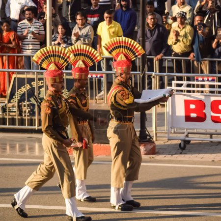 Photo for Wagah Border, Amritsar, Punjab, India, 02 February 2024 - Flag ceremony by Border Security Force BSF guards at India-Pakistan border near Attari Amritsar, Punjab, India held every day evening time - Royalty Free Image