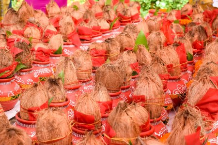 Kalash with coconut and mango leaf with floral decoration earthen pots containing sacred water. Kalash for hindu puja during Jagannath Temple Mangal Kalash Yatra, front view, closeup