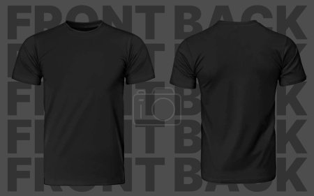 Tshirt Black Men, Template Shirt Front Back Isolated Blank Male Mockup, Textile Realistische Kleidung mit buntem Hintergrund. Vektorillustration