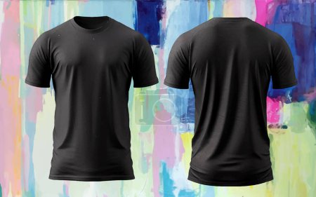 Camiseta Negro Hombres, Plantilla Camisa Frente Espalda Aislado Blanco Masculino Mockup, Ropa textil realista con fondo colorido. Ilustración vectorial