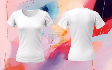 Illustration for Woman Blank T-shirt Mockup, Clean White Unisex Fashion Shirt, Women Grey Tshirt Outfit Template, Realistic Font Back 3D Clothes, Female Cloth on Colorful Background. Vector illustration - Royalty Free Image