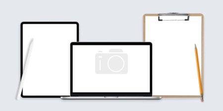 Illustration for Tablet mock, Notebook mockup, Laptop mock up, Vector shapes, Device templates, Useful outlines, Use ful outlines, Vector illustration - Royalty Free Image