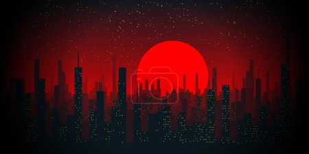 pattern and design inspired by city skyscrapers in silhouette against a vivid red moon