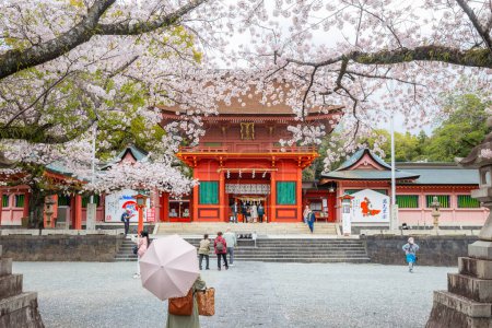Foto de Fujinomiya, Japón 07 de abril 2024: La gente visita el santuario sintoísta Fujisan Hongu Sengen Taisha, donde florecen los cerezos en un día lluvioso en Shizuoka, Japón - Imagen libre de derechos